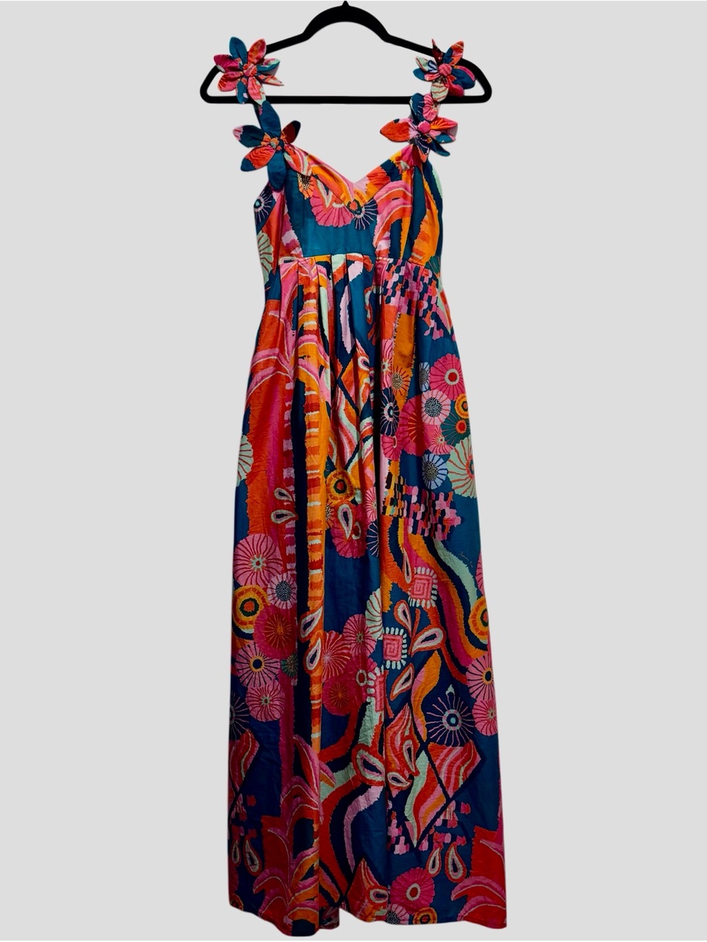 NWT Farm Rio Floral Appliqué Tropical Open Back Pleated Palm Midi Dress Size XS - Picture 7 of 10